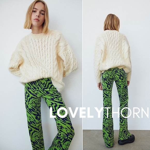 ZARA // retro-chic green blue velvet high waist straight slight flare pants - Picture 7 of 16